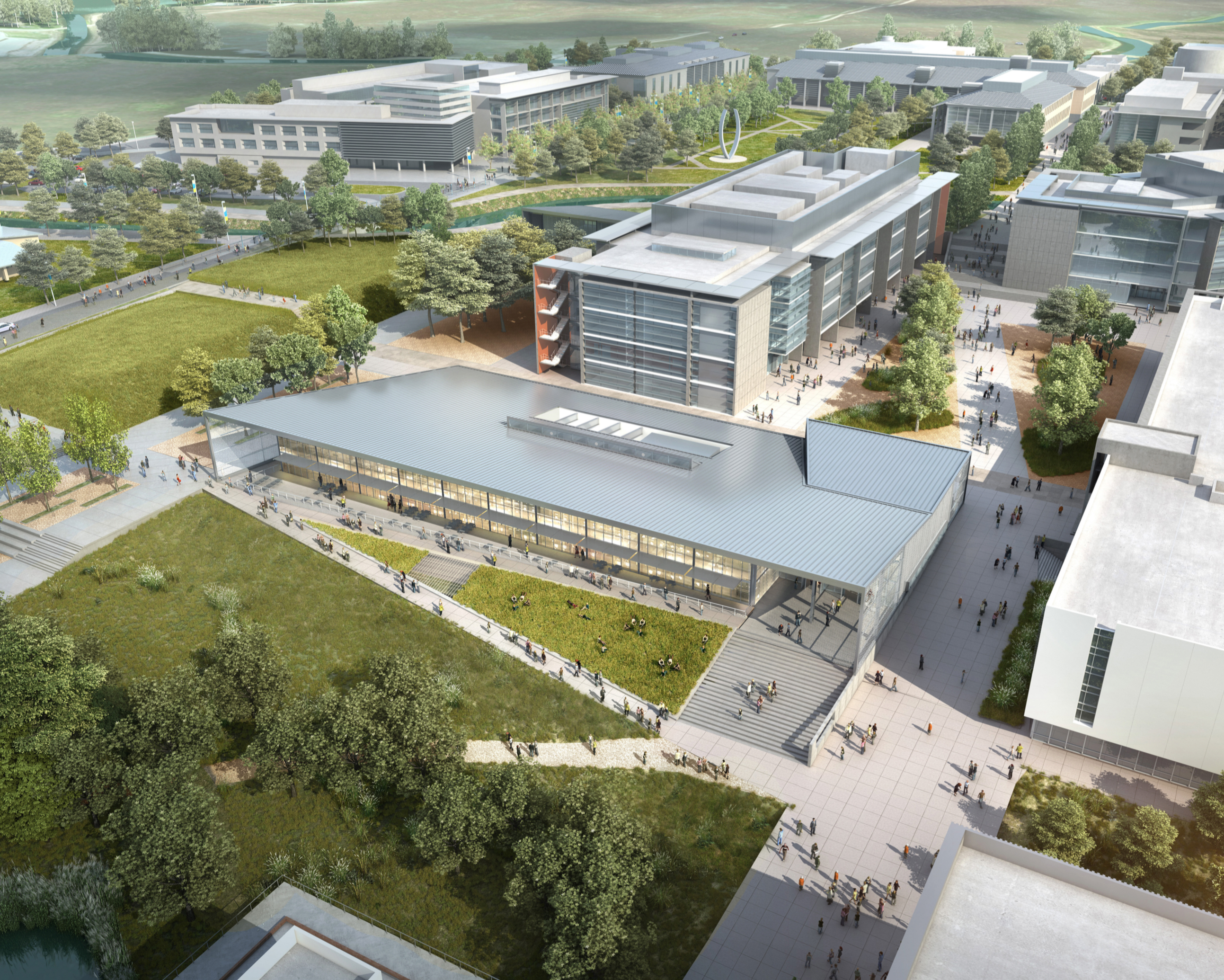 Arial view of campus featuring the Pavilion. Click to visit the Merced 2020 Website.
