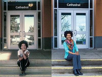 McGuire sits on the steps of Cathedral Hall where she served as an RA then (2013) and now.
